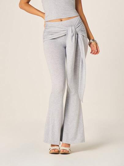MISSGUIDED Pantalones casuales de pierna ancha con detalle de lazo frontal de talle alto para mujer, color gris jaspeado, para otoño e invierno