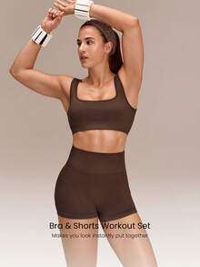 GLOWMODE Ultrafine Soft Seamless Square Neckline Removable Cups Ribbed Underbust Sports Bra & 4.3" Scrunch Butt Lifting Shorts Set Running Workout Gym - Brown - View 2