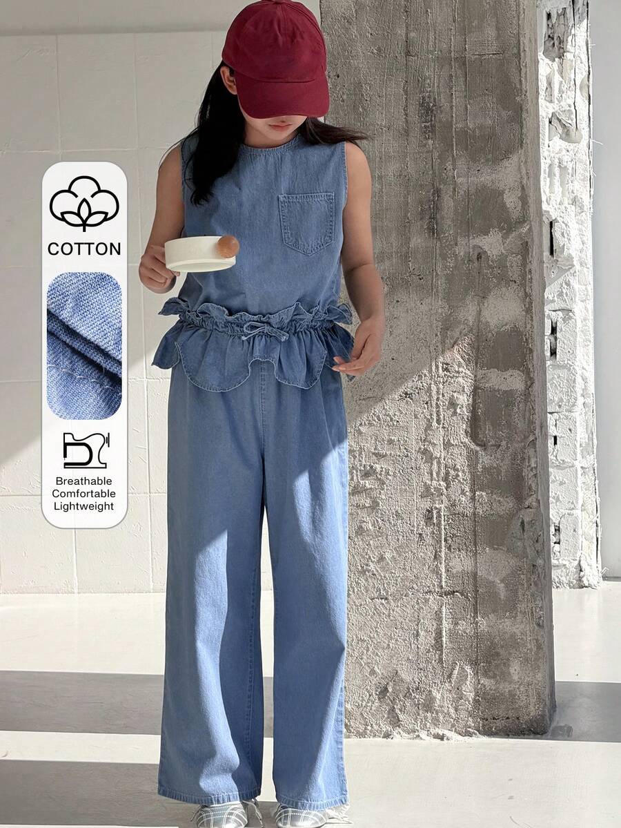 DAZY Tween Girl Casual Vacation Style Fashion Street Peplum Waist Sleeveless Denim Jumpsuit, Spring/Summer - Blue - View 1