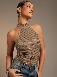 Hauture Women's Sexy Sexy Solid Black Backless Halter Top With Rhinestone Detail - Khaki - View 5