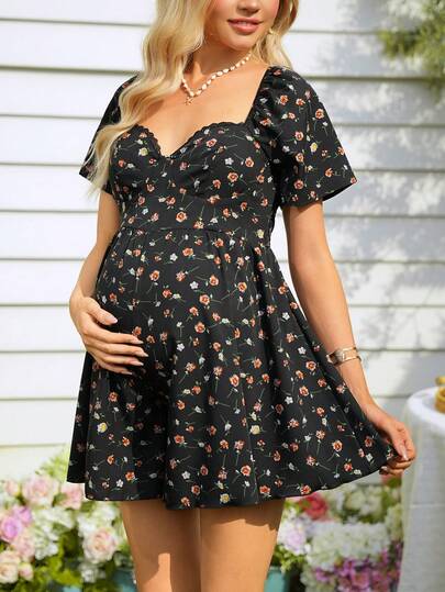 SHEIN 孕妇休闲方领短袖印花连体裤