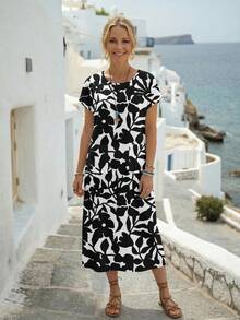 EMERY ROSE Women's All-Over Print Round Neck Pocket Casual Daily Vacation Dress - Multicolor - View 5