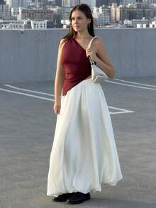 Kuleshova 女士纯色褶皱简约 A 字裙，休闲日常穿着 - 米色 - 查看 1