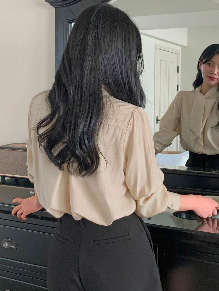 Women's Tie-Up Ruffle Hem Fitted Khaki Elegant Blouse