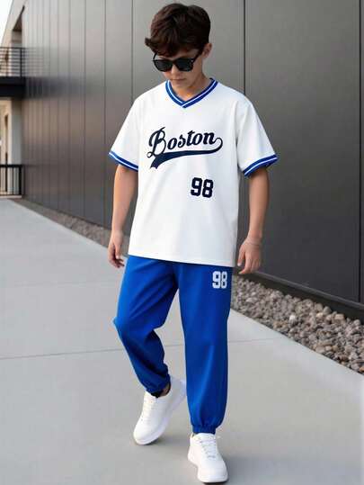 2pcs/Set Casual Fashionable Minimalist V-Neck Letter & Number Print T-Shirt And Pants For Teenage Boys, Loose Fit, Comfortable, Versatile For Daily Wear, Commute, Outdoor, Sports, School, Street Style, Party, Photography In Autumn, Spring, Summer