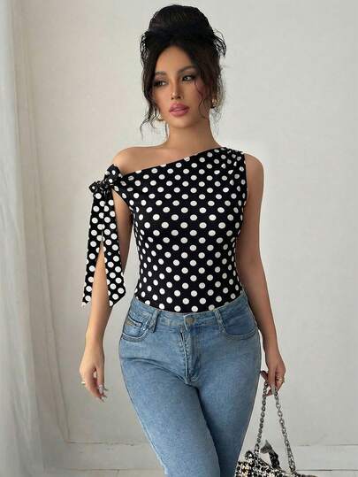 Selianne 波点数码印花时尚简约露肩上衣，送朋友的礼物