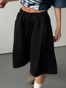 DAZY Women's Solid Color Loose Pleated Casual Sweatpants, Spring - Black - View 5