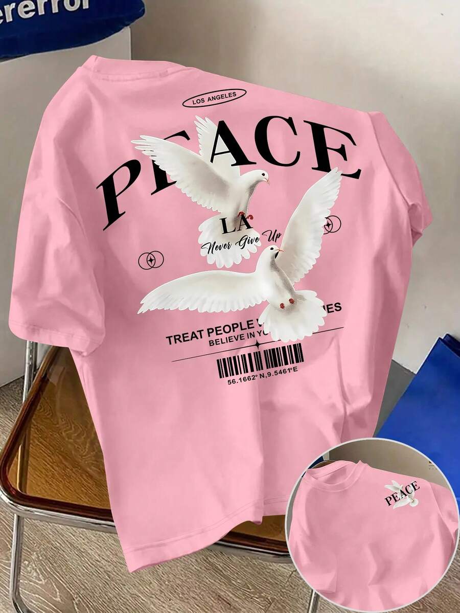 Manfinity Dauomo Men's Round Neck Letter & Pigeon Print Casual Versatile Daily Wear Short Sleeve T-Shirt - Baby Pink - View 1