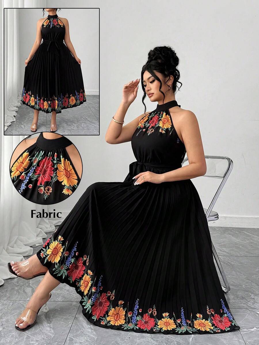 EMERY ROSE Đầm dự tiệc cỡ lớn dành cho nữ, in hoa, cổ yếm, thắt eo, xếp ly, thanh lịch, ôm eo. - Nhiều màu - Xem 1