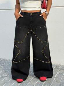 Muchica Plus Size Women Casual Street Style Star Rivet Decor Pants, Spring/Summer,Carnival Women Look 2026,Going Out Outfits, Holiday Outfits,Black - Light Grey - View 5