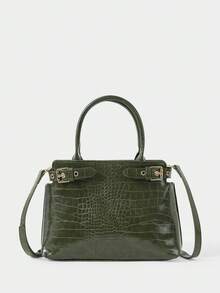 SHECARRY 女士顶部手柄包鳄鱼秋冬校园旅行通勤工作优雅精致手提或斜挎 - 橄欖綠 - 查看 3