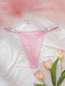 SHEIN Tanga sexy con cinta brillante y encaje para mujer, Rave - Rosa - Ver 3