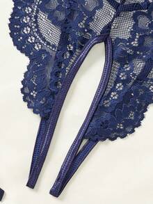 SHEIN Conjunto de 4 piezas que incluye body con contraste de encaje y malla, con copas con aros y 2 piezas de ligueros para salir - Azul Marino - Ver 3