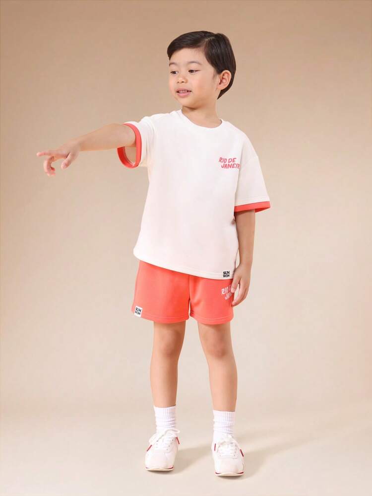 Boys Summer Rio De Janeiro Tropical Beach Vacation Co-Ord Set Short Sleeve T-Shirt With Coral Trim And Matching Shorts