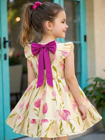 SHEIN Elladie kids Girls Elegant Floral Print Round Neck Flutter Sleeve Hollow Back Bow Decor Waist Ruffle Hem Casual Fashionable Dress, Suitable For Vacation & Travel, Summer