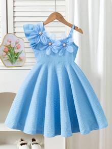 Elladie kids 女童甜美3D立体花朵露肩短袖A字公主裙，适合度假、派对、活动等场合。夏季柔软舒适面料，2026春夏新款，度假旅行必备，女童夏季服装 - 藍色 - 查看 6