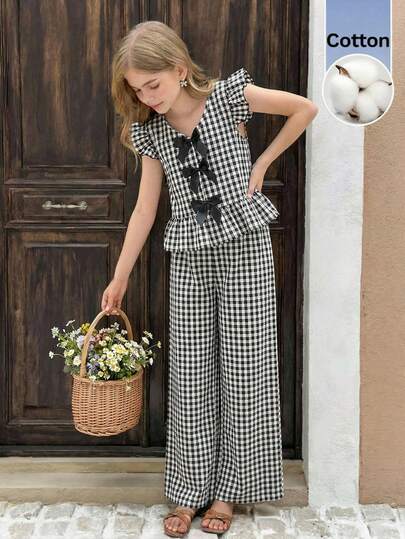 SHEIN Tween Girl Spring/Summer Casual Vacation Outgoing Woven Black & White Plaid Contrast Color Bow Ruffle Trim V-Neck Cardigan Top & Straight Leg Pants 2 Piece Set, Girls Checkered Outfit, Girls Gingham Outfit, Girls Plaid Wide Leg Pants Set, Tween Girls Coordinated Set