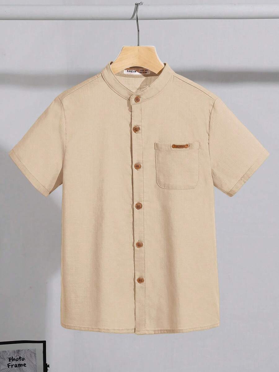 SHEIN Tween Boy Casual Loose Comfortable Contrast Color Button-Down Short Sleeve Shirt - Camel - View 1