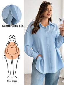 Shapeblank Plus-Size Women's Spring/Summer Fashion Casual Loose Comfortable Everyday Basic Versatile Light Blue Button Long-Sleeved Shirt,Spring Clothes,Oversize Tops,Women Blouse,Simple Style Baby Blue Shirt Light Blue Shirt Oversized Shirt - Blue - View 1