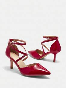 Bholvia Women's Cross Strap Pointed Toe Kitten Heel, Elegant, Patent Leather, Red, Pumps, Party Spring Shoes Summer Shoes - Red - View 12