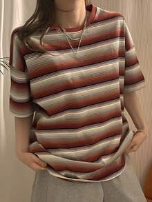 DAZY 女士休闲条纹落肩宽松T恤，夏季 - 紅色 - 查看 6