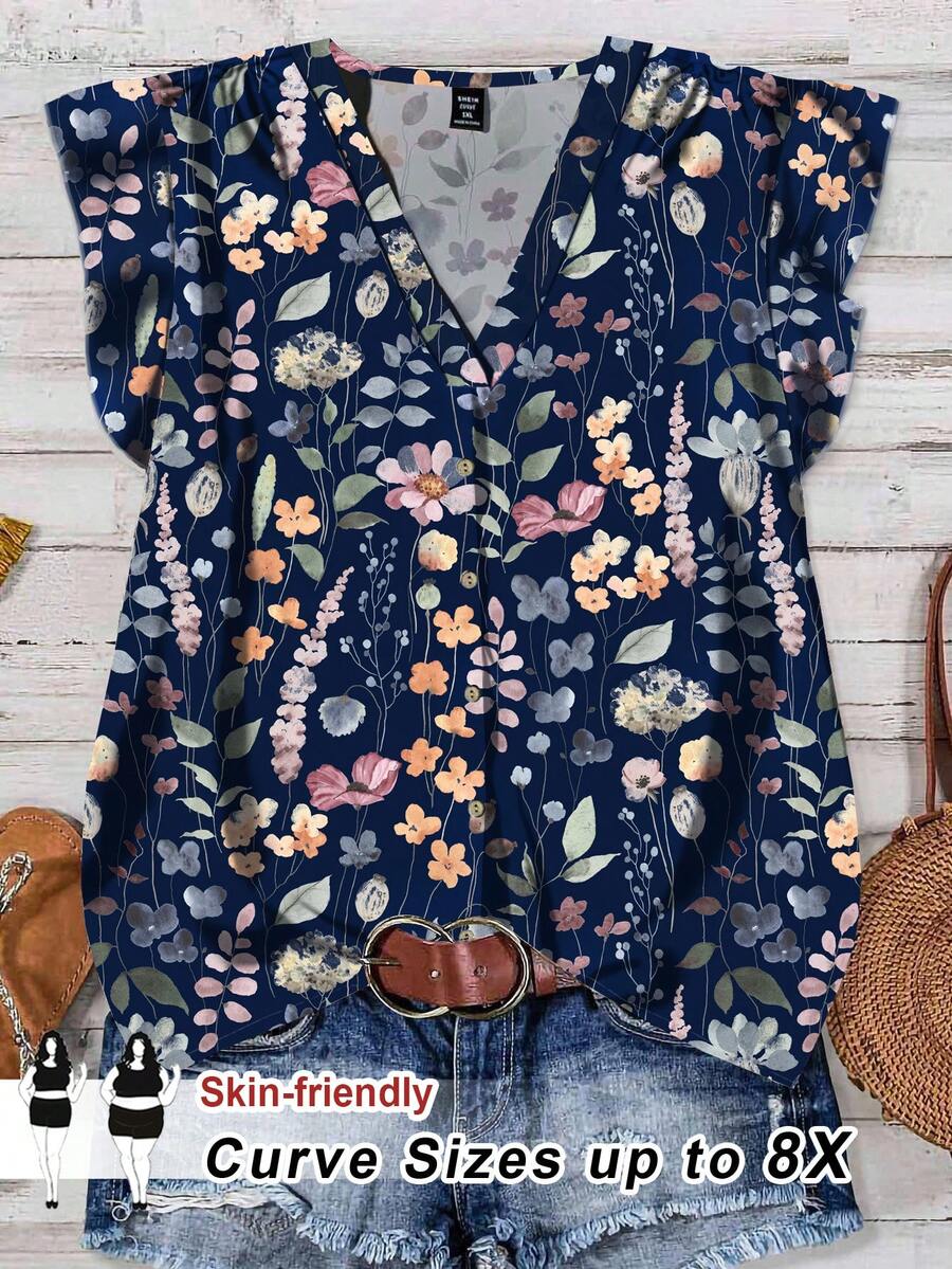 SHEIN CURVE+ 大尺碼女款海軍藍夏季波西米亞度假風優雅荷葉袖寬鬆襯衫,極簡前扣設計碎花復古花卉 - 白色 - 查看 1