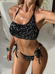 Swim SXY New Sequin Embellished Bikini Set For Women - Black - View 3