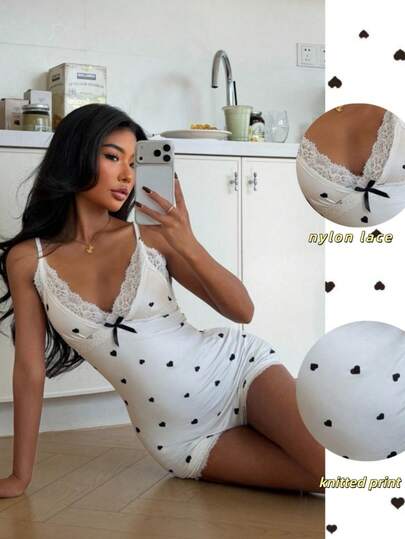 SHEIN Women's Heart Print Bow Lace Patchwork Casual Jumpsuit Romper