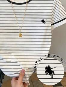 SHEIN 女士圆领短袖条纹休闲T恤，夏季 - 白色 - 查看 5