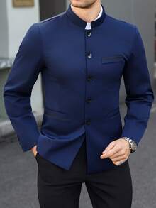 Manfinity Mode 男士休闲日常绅士简约单排扣西装外套，适合正式场合 - 藏蓝色 - 查看 4