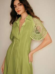 Anewsta Damen einfarbiges einreihiges Hemdkleid mit Cut-outs und Patchwork, Urlaubsstil, Olivgrün, Sommer, tropisch, europäisch - Grün - Übersicht 5