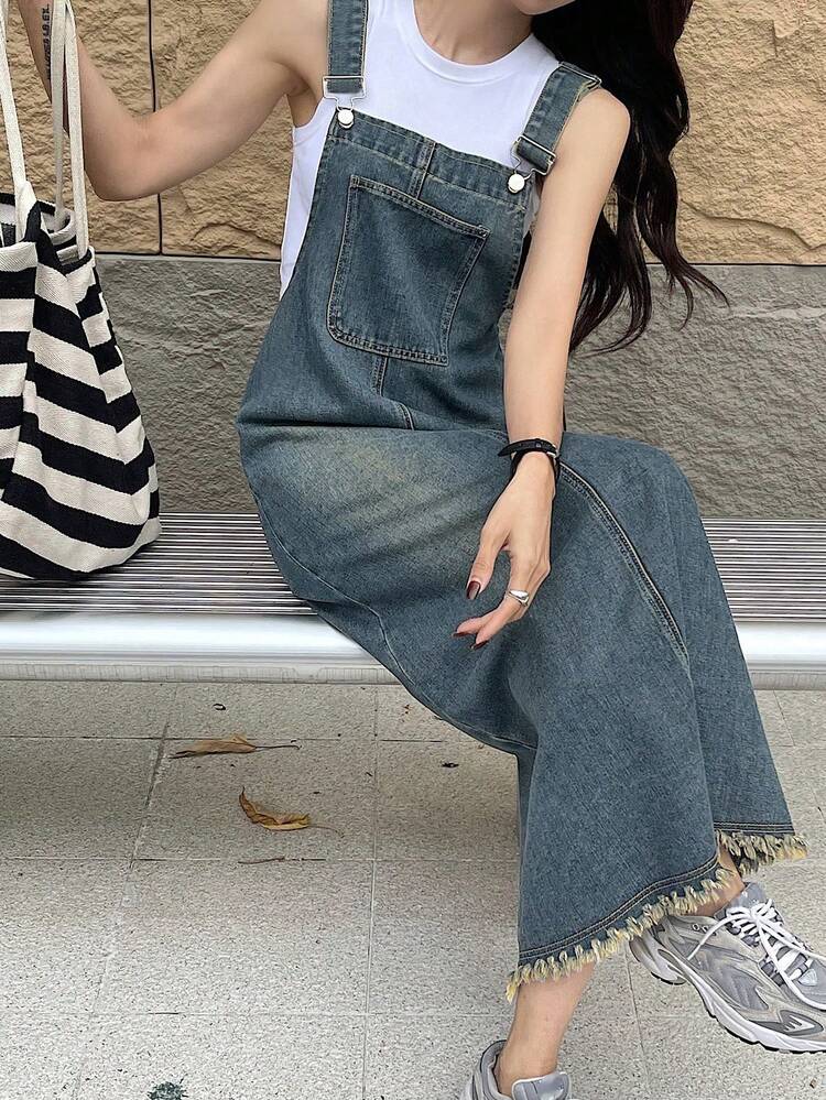 Teen Girl Casual Everyday Commute Minimalist Versatile Patchwork Pocket Frayed Hem Loose Denim Pinafore Dress, Spring/Summer/Autumn