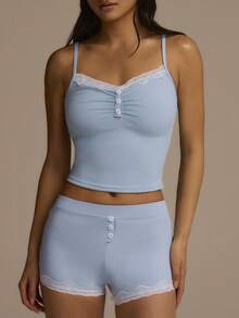 Fluxe Conjunto de 2 piezas de ropa deportiva con camiseta de tirantes con encaje y shorts para mujer - Celeste - Ver 11