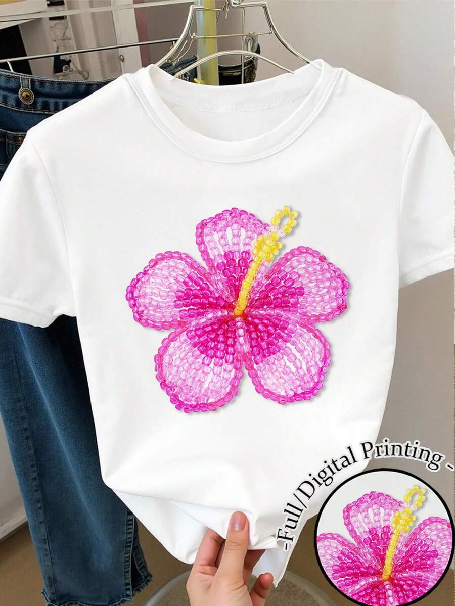 少女创意个性清新优雅简约闪亮质感芙蓉花图案T恤，适合夏季、日常穿着、返校季、姐妹装、度假、情人节等场合。 - 彩色 - 查看 1