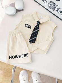 SHEIN Conjunto de 3 piezas que incluye corbata, top sin mangas con estampado de letras azul y cortos de cintura elástica con corbata, para niño pequeño en verano - Albaricoque - Ver 4