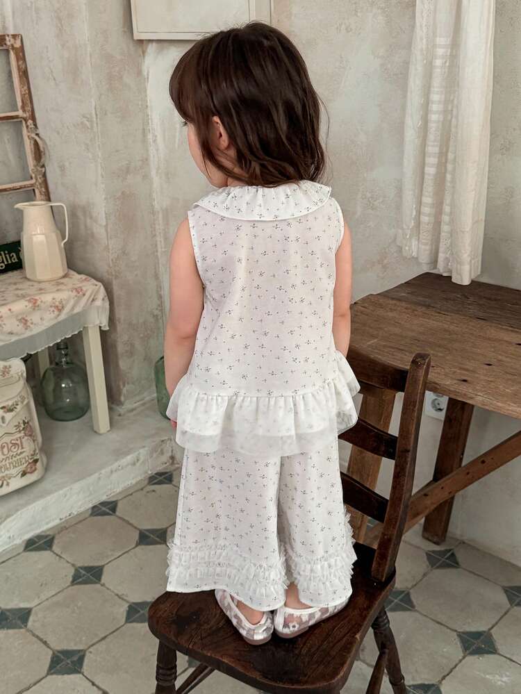 Baby Girls' Ruffle Trim Sleeveless Shirt & Loose Shorts 2 Pieces Set Summer