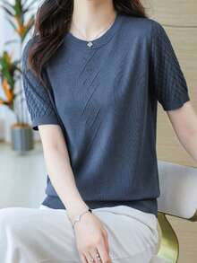 EMERY ROSE Áo thun nữ ngắn tay dệt kim cơ bản màu trơn để mặc hàng ngày - Màu xanh lam - Xem 5