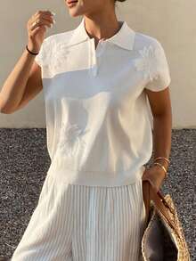 DAZY Colorblock 3D Floral Polo Collar Loose Casual Lightweight Knit Sweater For Women, Summer - White - View 4