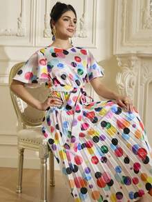 LOTSLUV Vestido Elegante Feminino de Cetim Colorido com Estampa de Aquarela Assimétrica de Bolinhas, Gola Redonda, Manga Curta, Cintura Marcada e Silhueta em A, Estampa Divertida - Multicolorido - Visão 4