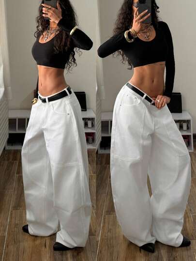 StreetHx Trendiga, avslappnade vita jeans med låg midja och slitna detaljer i gatustil