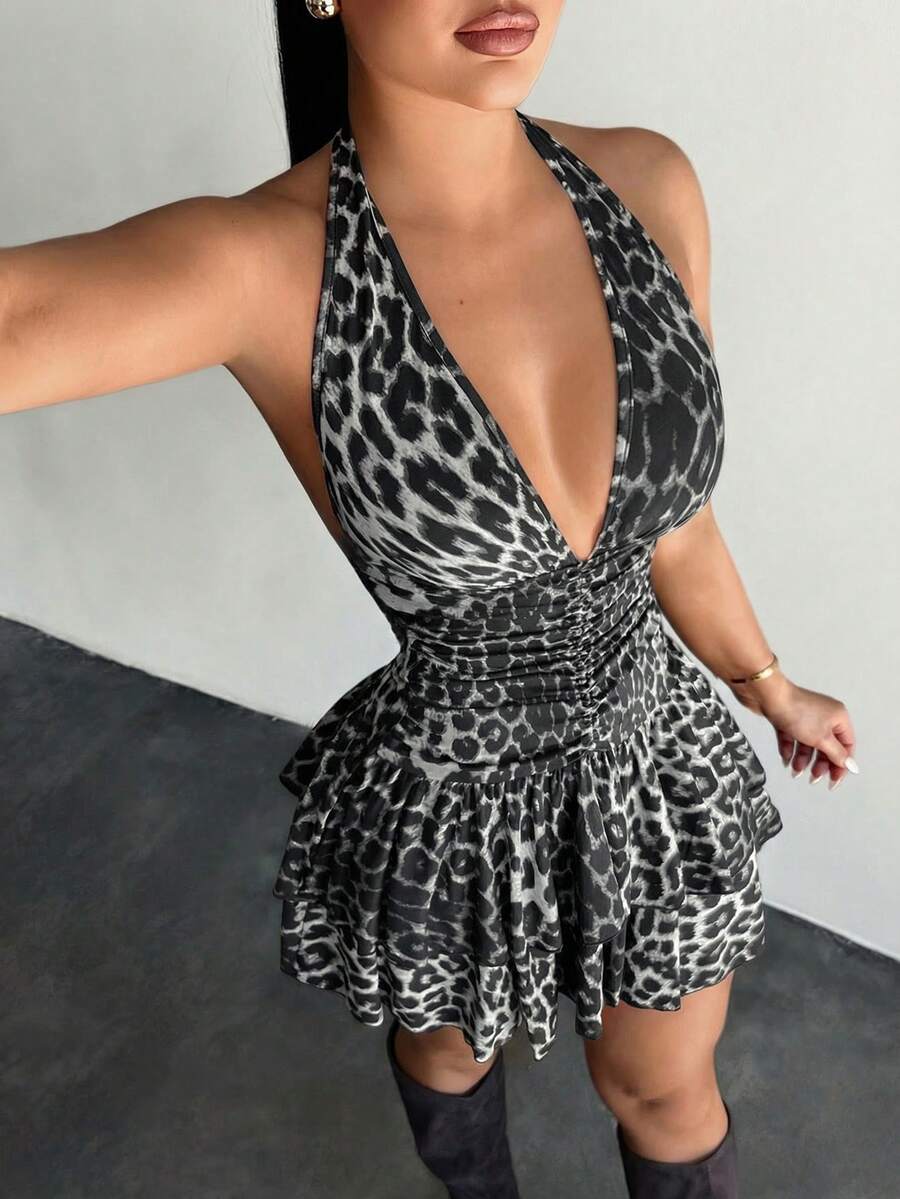 SHEIN SXY 夏季大码性感豹纹露背迷你连衣裙 - 黑與白 - 查看 1
