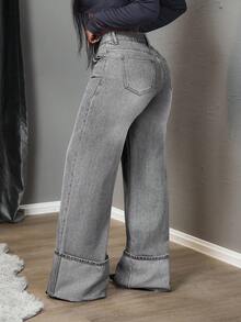 SHEIN Tall Quần jeans ống rộng nữ có túi và cúc, kiểu dáng thường ngày, đa năng. - Xám - Xem 3