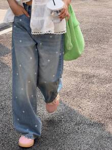 DAZY Jeans de pierna ancha para uso diario versátil y casual con bolsillo, botón y estampado de corazón para niñas preadolescentes - Lavado ligero - Ver 7