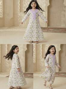 SHEIN Vestido holgado de manga larga con estampado de encaje y bordado floral de tulipán, apropiado para vacaciones, uso diario, combinación de hermanos, atuendos de padres e hijos, ropa árabe tradicional, jalabiya, abaya, encaje, elegante bata de kaftan para niña preadolescente - Púrpura malva - Ver 2