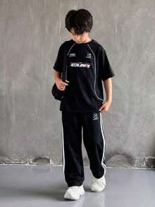 Mirajuku 2pcs/Set Teenage Boys' Casual Letter Print Round Neck T-Shirt And Sports Pants Set - Black - View 1