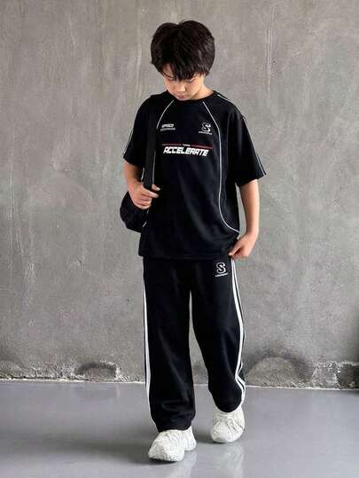 Mirajuku 2pcs/Set Teenage Boys' Casual Letter Print Round Neck T-Shirt And Sports Pants Set
