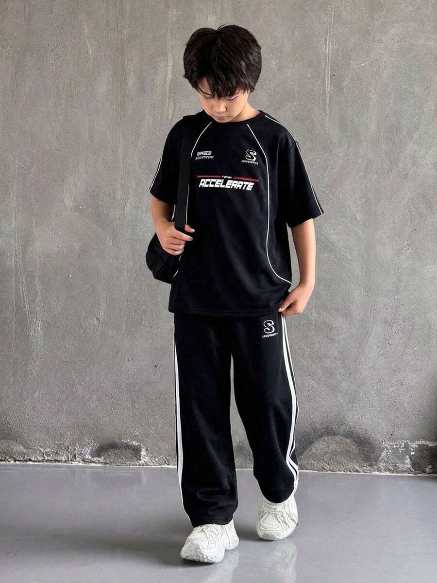 Mirajuku 2pcs/Set Teenage Boys' Casual Letter Print Round Neck T-Shirt And Sports Pants Set - Black - View 1