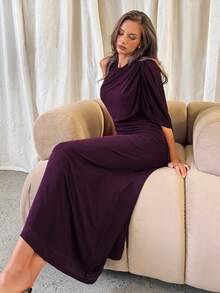 Aloruh 女士优雅单肩不对称腰身网纱紫色长裙 - 酒紅色 - 查看 8