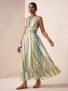 Zivah 2026春夏波西米亚风休闲度假彩色条纹深V领露背系带荷叶边A字连衣裙 - 彩色 - 查看 5