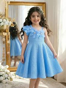 Elladie kids 女童甜美3D立体花朵露肩短袖A字公主裙，适合度假、派对、活动等场合。夏季柔软舒适面料，2026春夏新款，度假旅行必备，女童夏季服装 - 藍色 - 查看 5